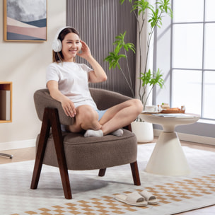 Butaca de Salón Tapizada en Borreguito, Sillón de Lectura Acolchado Grueso y Moderno, Asiento Ancho, Patas de Madera, Respaldo Curvado, para Dormitorio, Oficina, Marrón Claro