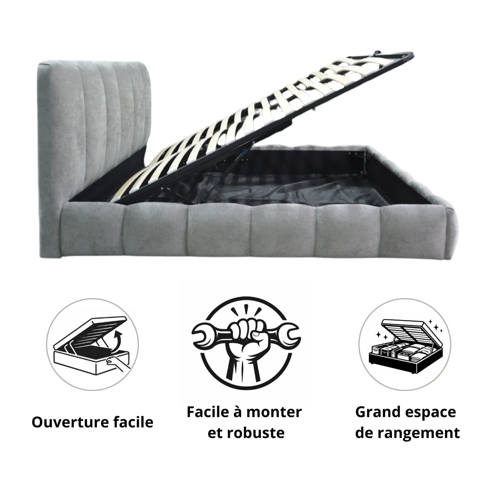 Ensemble matelas Royal XXL & lit coffre Everest | Mémoire de forme et ressorts ensachés | Grande capacité de stockage | tissu épais | Gris