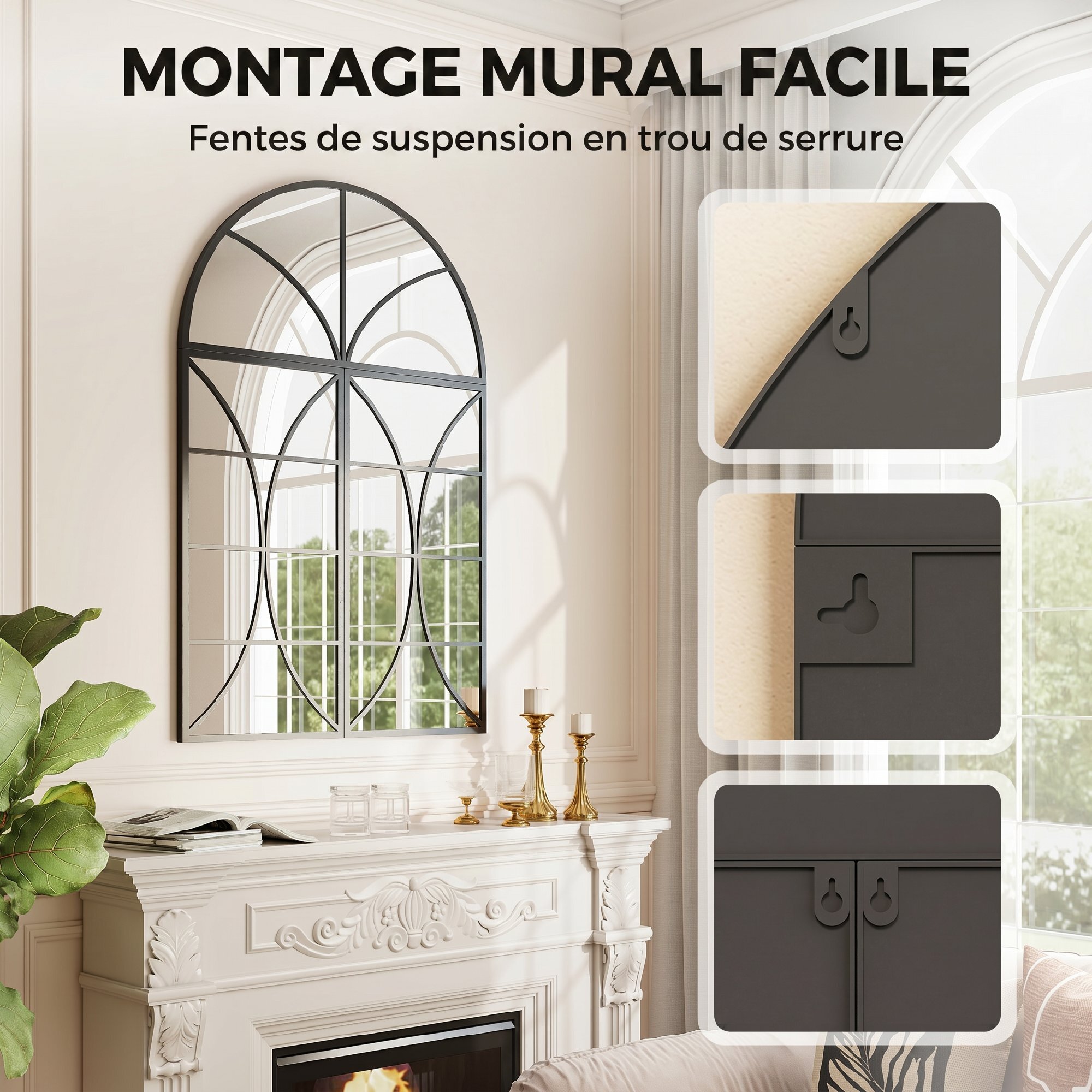 Miroir mural aspect verrière style classique chic 3 pièces métal noir verre 3 mm