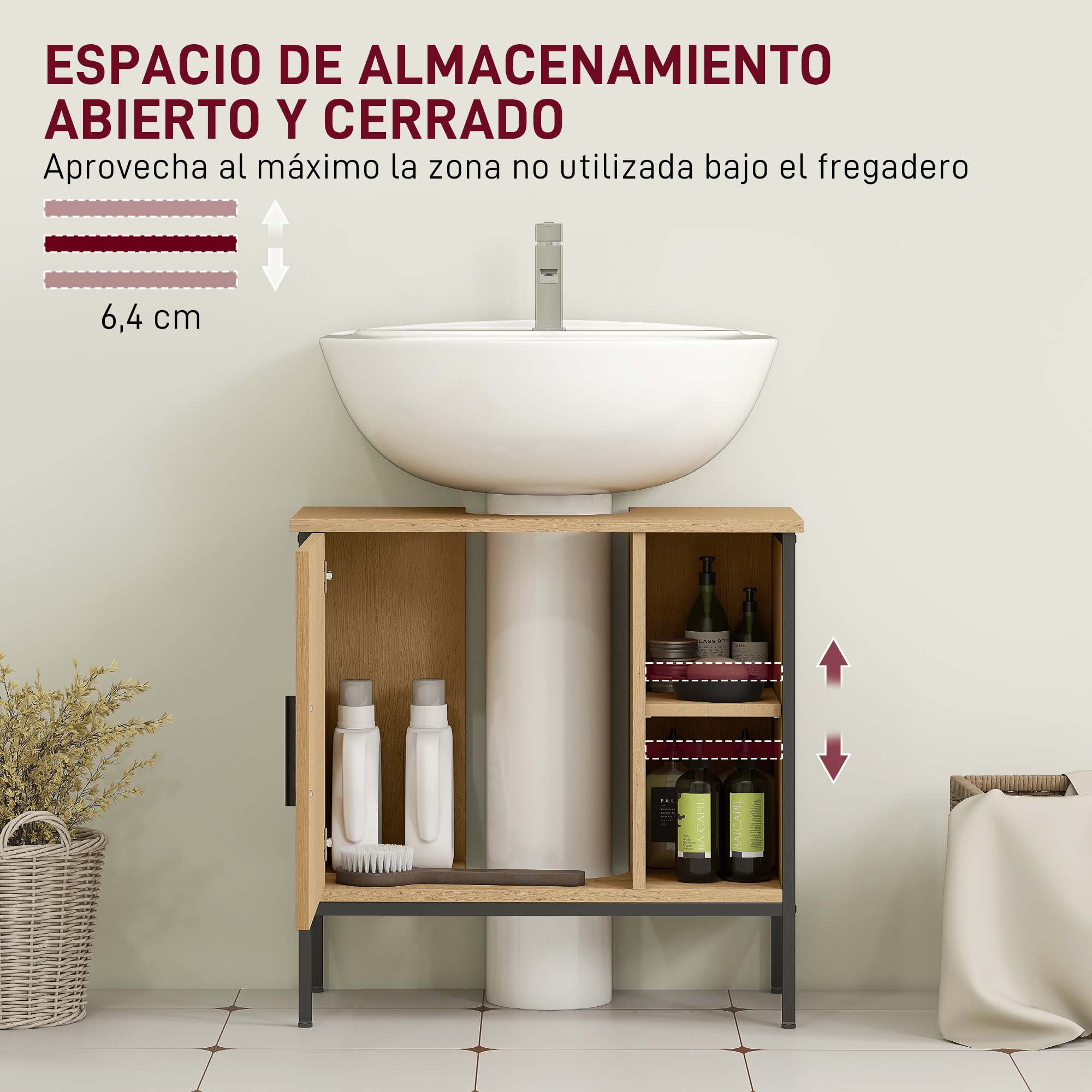 Mueble bajo Lavabo Mueble de Baño con Puerta y Estante Ajustable para Lavabo con Pedestal 60x30x59,5 cm Roble