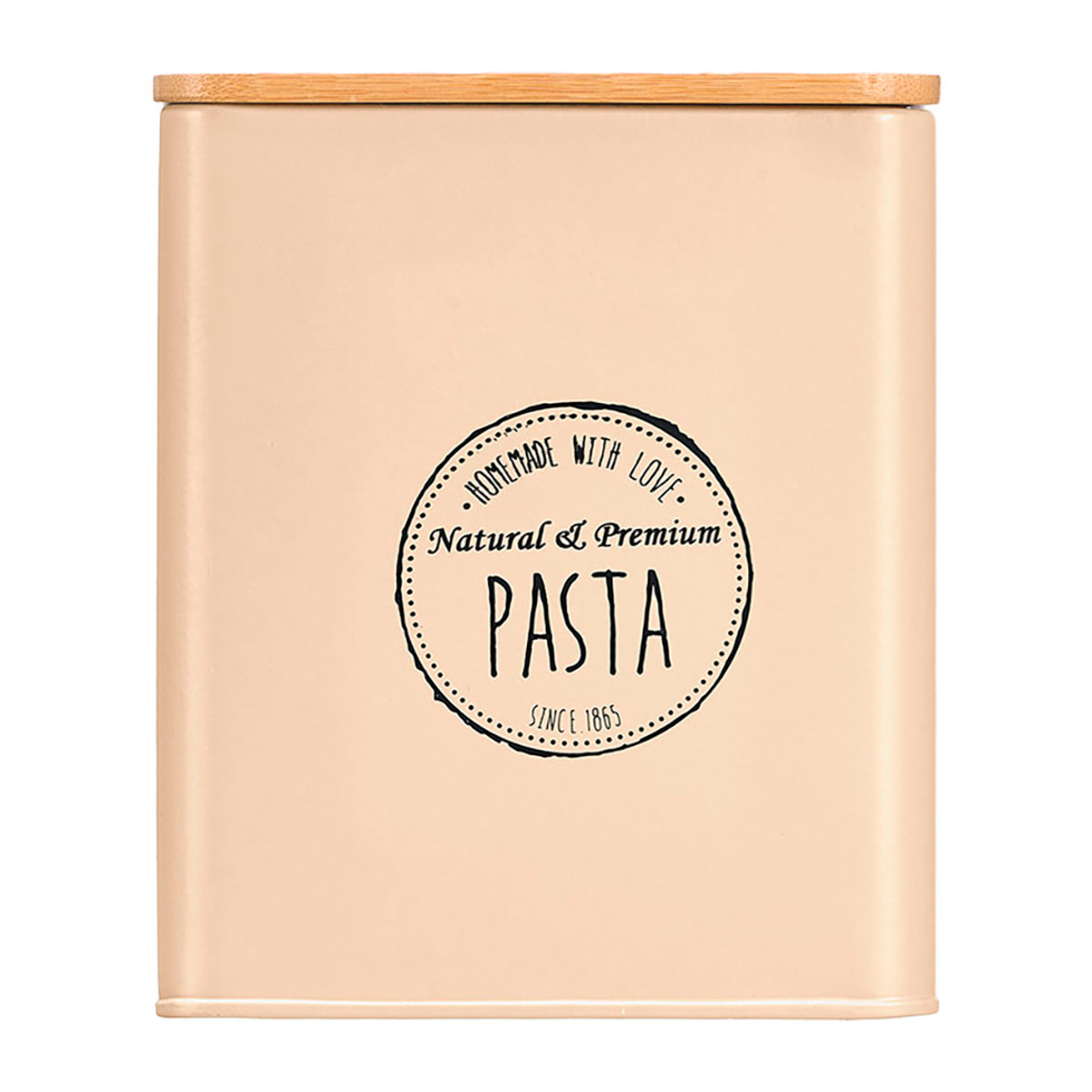 Barattolo quadrato beige con coperchio in bambù. Design "Pasta".