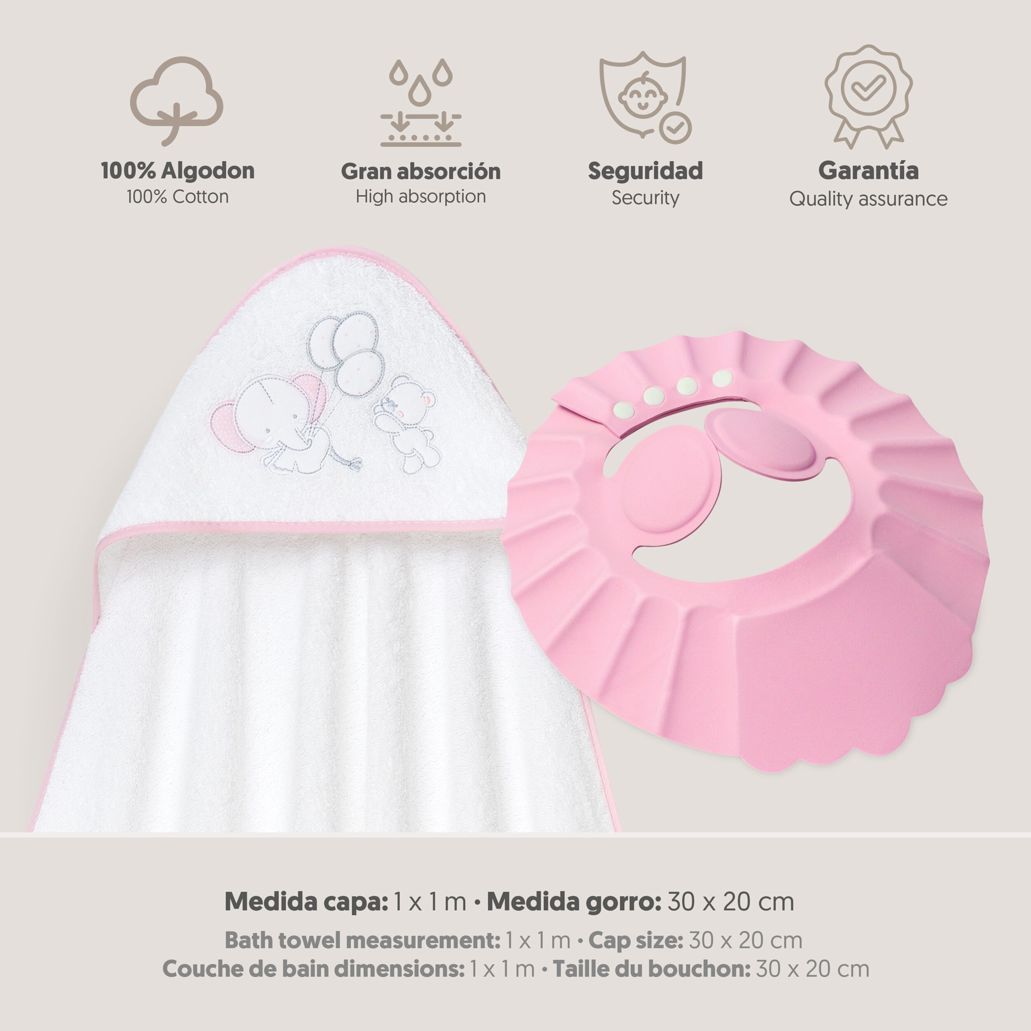 Capa Baño 1X1 Mod Oso Elefante Globos+Gorro Bco/Rosa