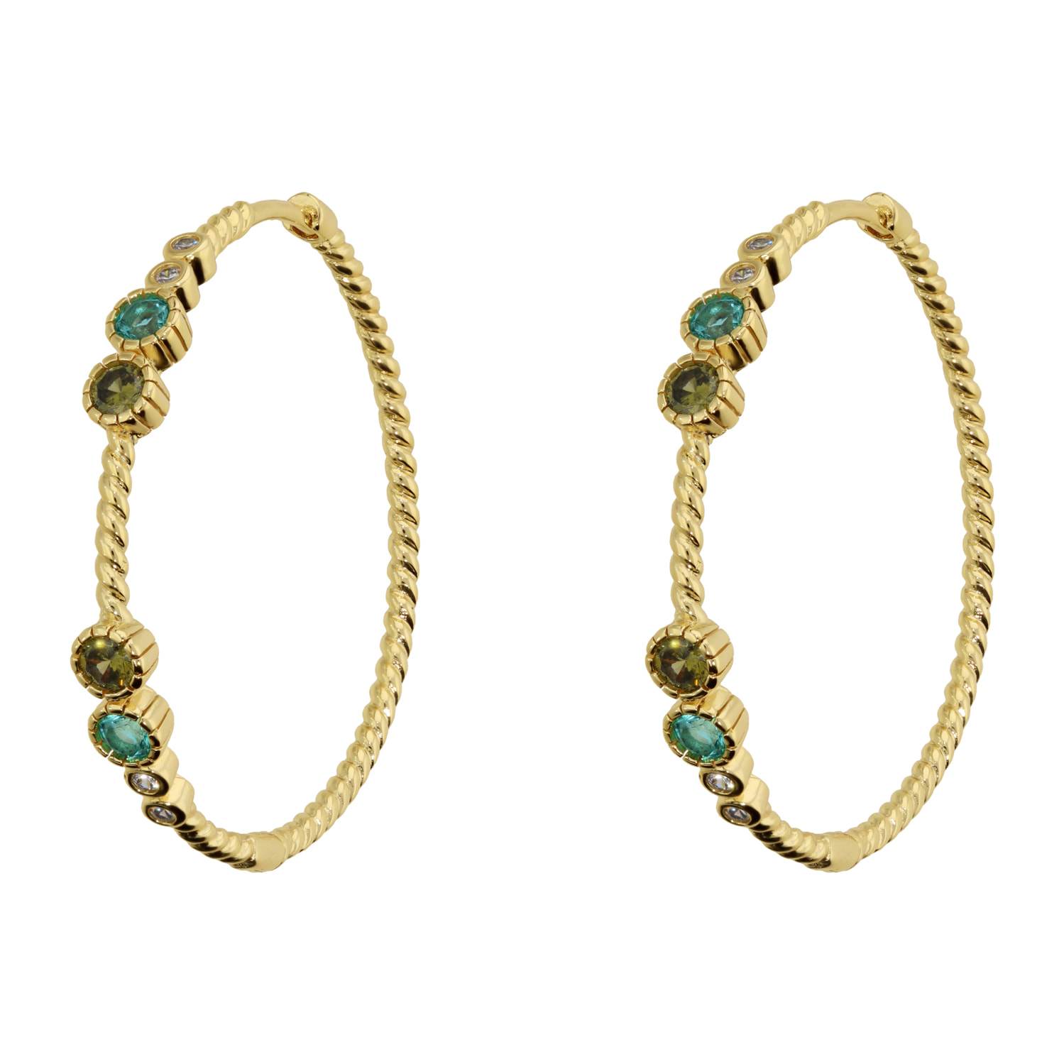 Orecchini a Cerchio Texture Corda con Cubic Zirconia Blu, Verdi e Bianche