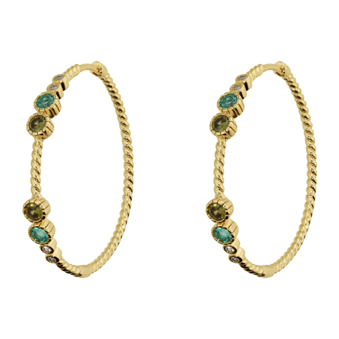 Orecchini a Cerchio Texture Corda con Cubic Zirconia Blu, Verdi e Bianche