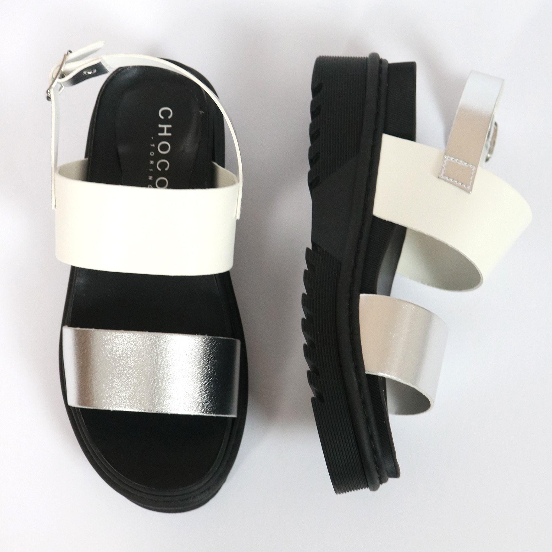 SANDALO FLATFORM DOPPIA FASCIA CHOCOLA' BIANCO E ARGENTO