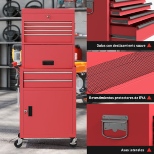 Carro de Herramientas con 6 Cajones y Cerraduras, 3 en 1, Carro de Taller Móvil con Ruedas y Panel Lateral Perforado, Caja de Herramientas Desmontable de Acero, para Taller, Garaje, Rojo