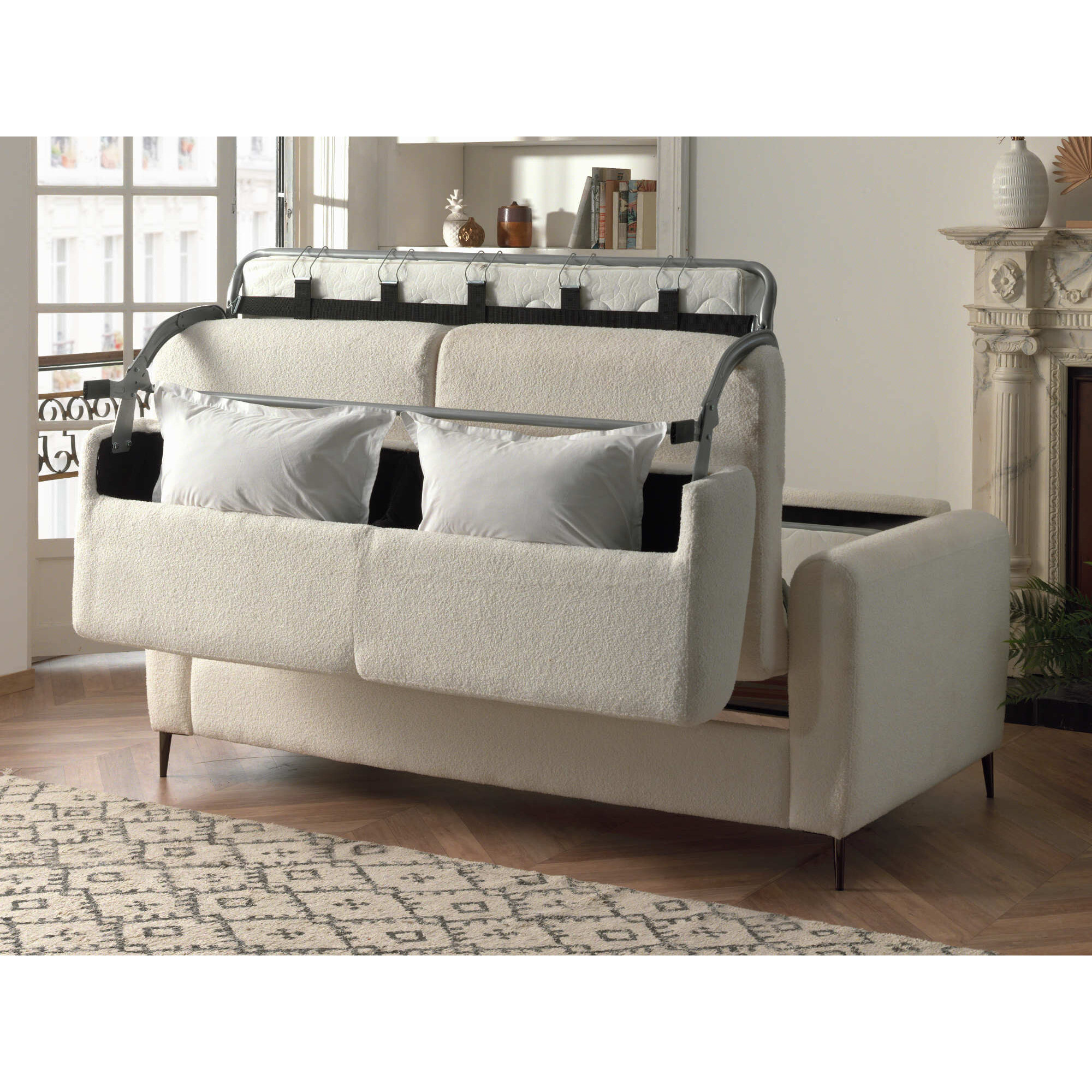Owen - canapé 3 places convertible express couchage quotidien 140 cm matelas 12 cm en tissu bouclette - Beige