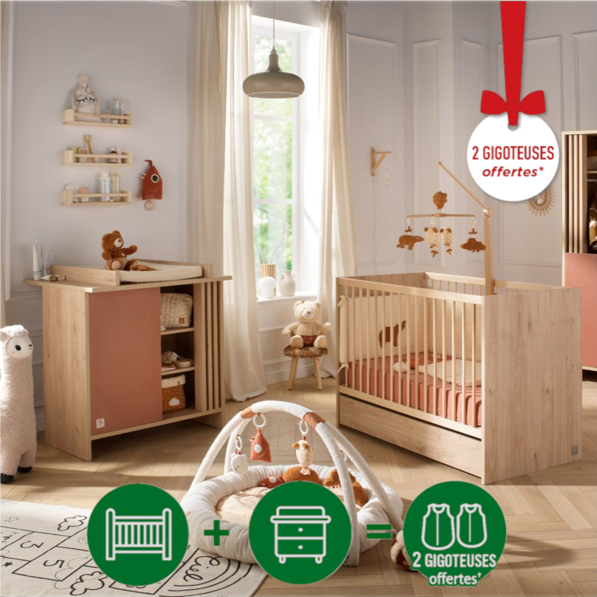 Chambre bébé complète Tokyo, Lit 120x60 et Commode à langer claustra - Chêne suave