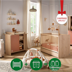 Chambre bébé complète Tokyo, Lit 120x60 et Commode à langer claustra - Chêne suave