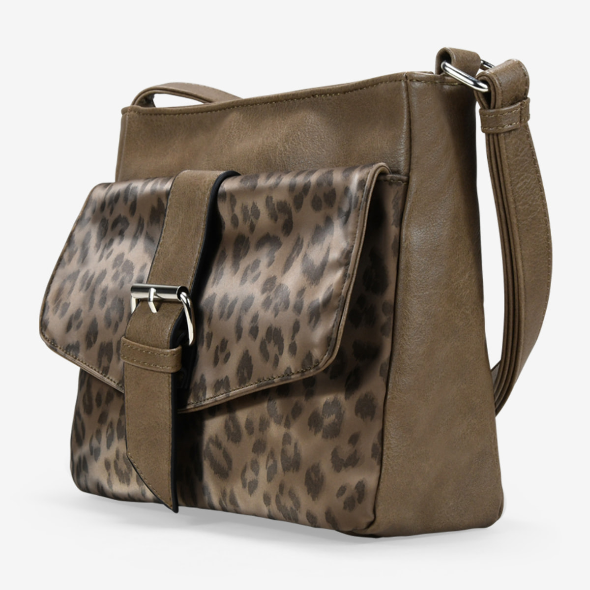 Bolso bandolera marrón con solapa efecto leopardo