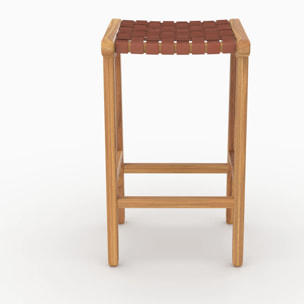 Tabouret pour îlot central 68 cm en teck et cuir tressé marron - Kuna