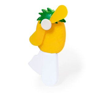 Ventilatore portatile manuale con un divertente design Ananas. Funziona tramite una leva integrata, senza batterie né pile.