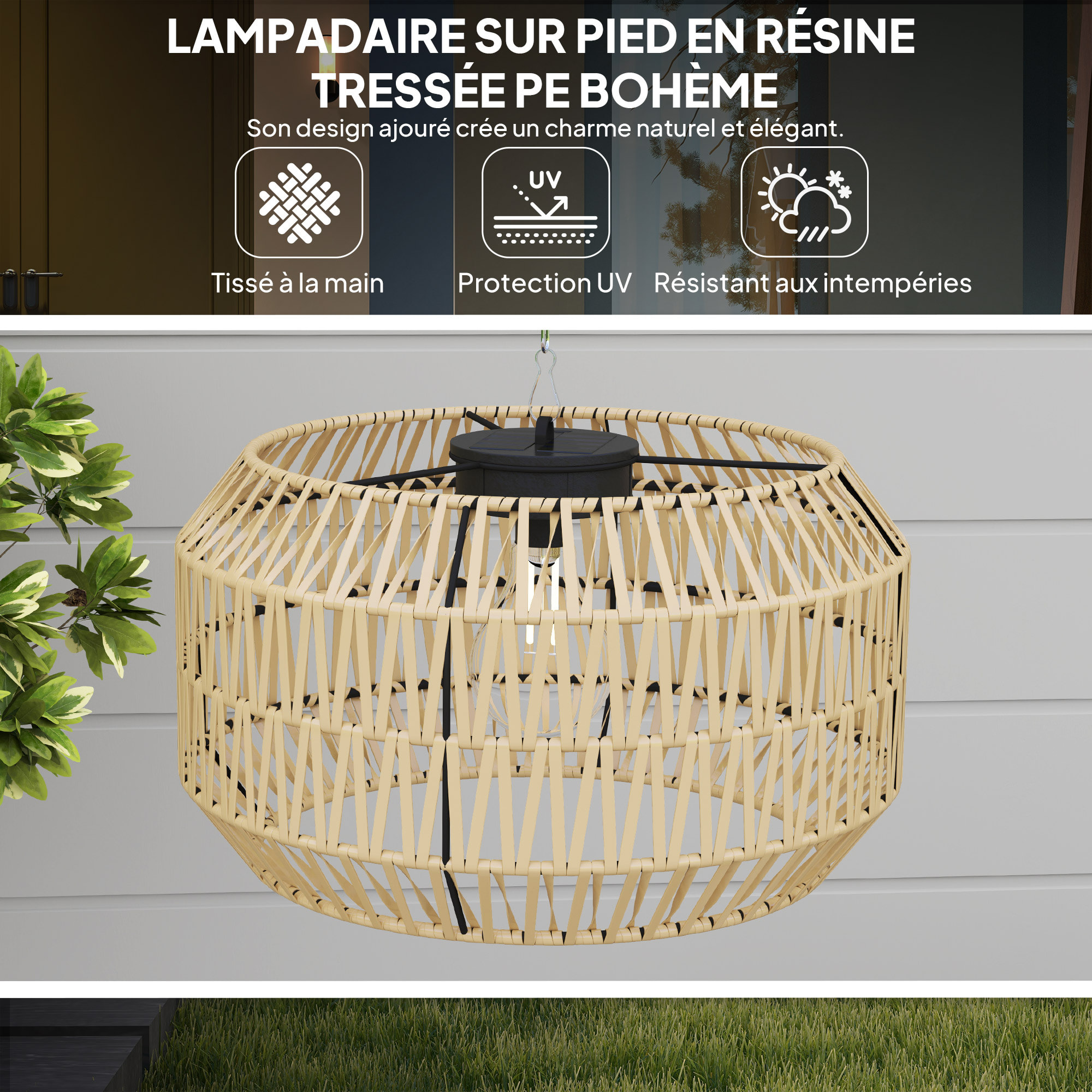 Lampadaire extérieur LED style bohème abat-jour résine tressée effet rotin