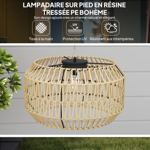 Lampadaire extérieur LED style bohème abat-jour résine tressée effet rotin