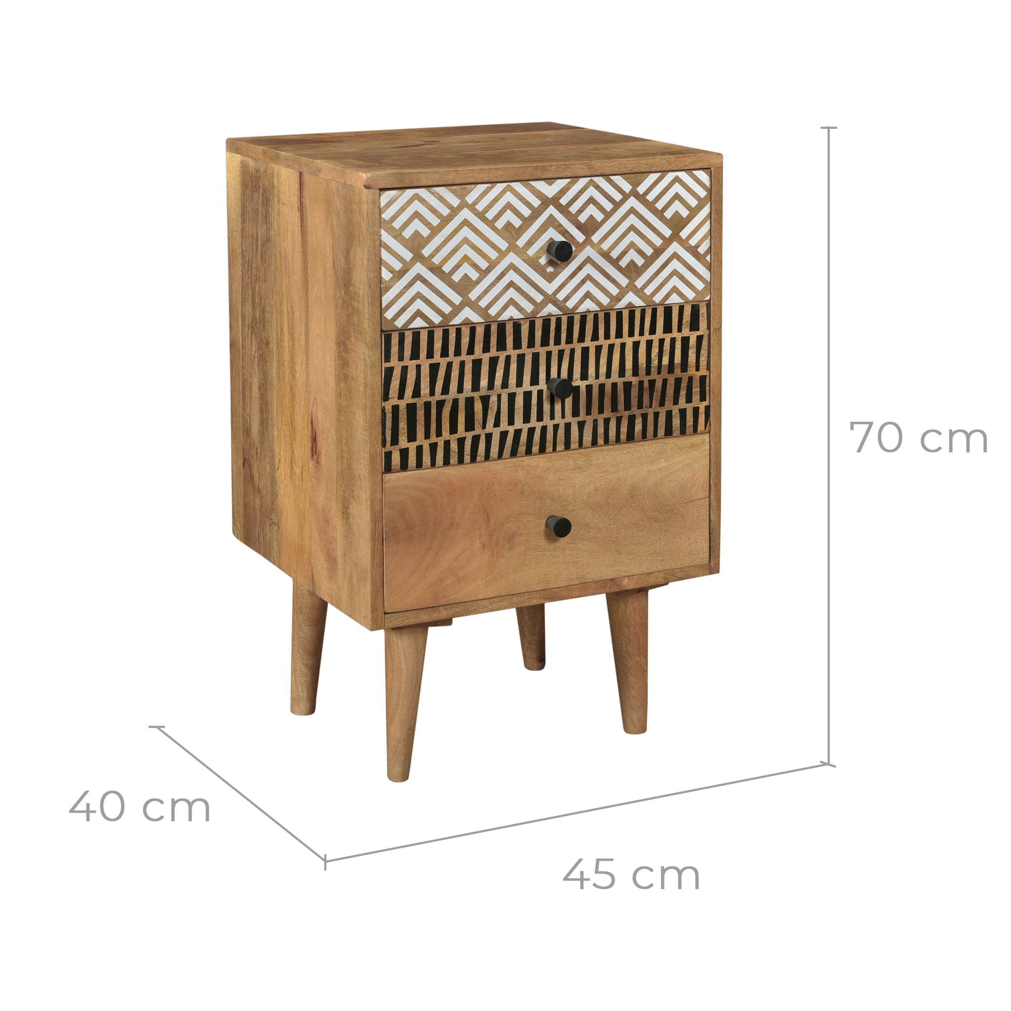 Table de chevet en bois, 3 tiroirs à motifs - Tali