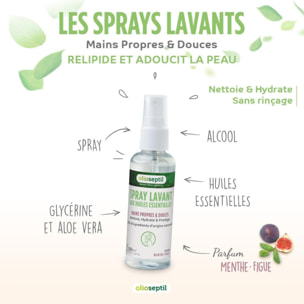 OLIOSEPTIL - Spray Lavant aux Huiles Essentielles - Mains propres et douces - 98% d'ingrédients d'origine naturelle - Nettoie, hydrate & protège - Sans rinçage - Parfum Menthe-Figue - Spray 50ml - Lot de 3
