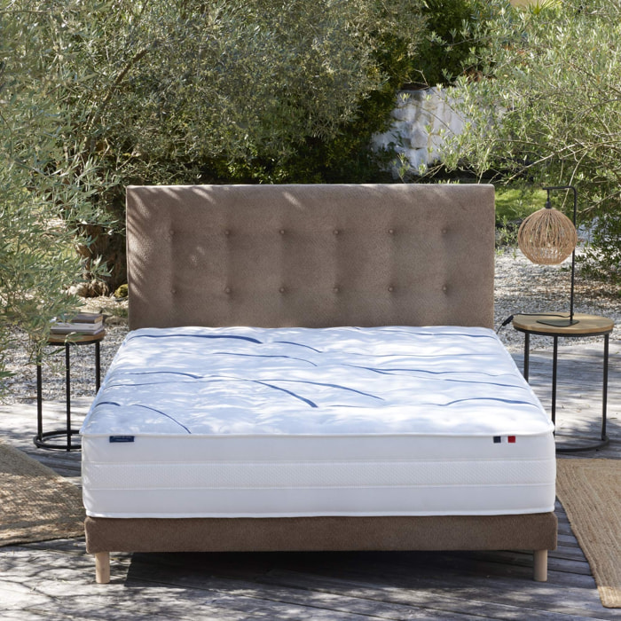 Ensemble matelas mousse ELYSIA + sommier + tête de lit, chenille bouclettes Moka