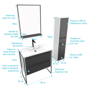 Pack meuble de salle de bain 80x50 cm NOIR - vasque résine blanche + miroir noir mat + colonne