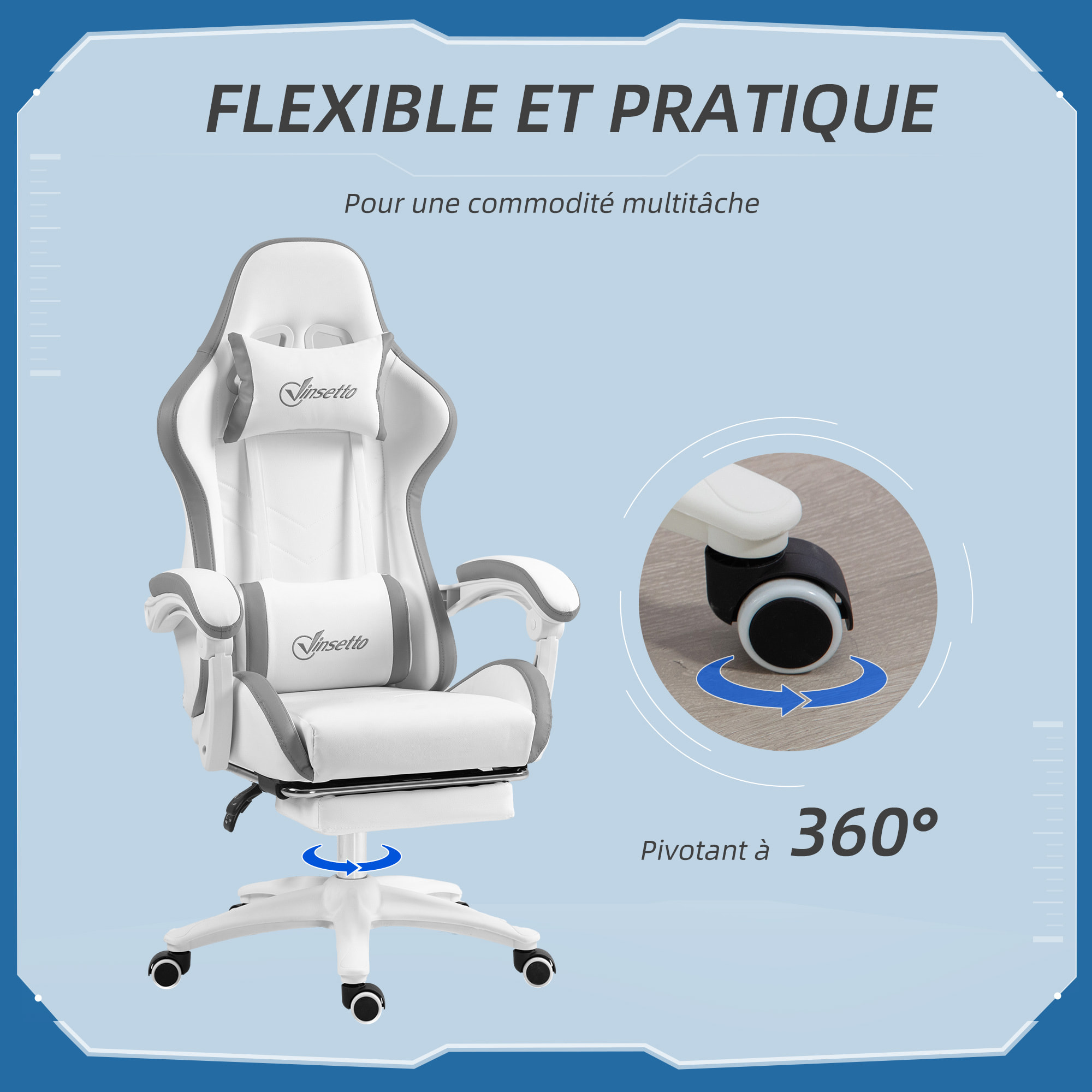Chaise de bureau gaming - inclinable, pivotant, réglable - coussins lombaires têtière inclus - gris blanc