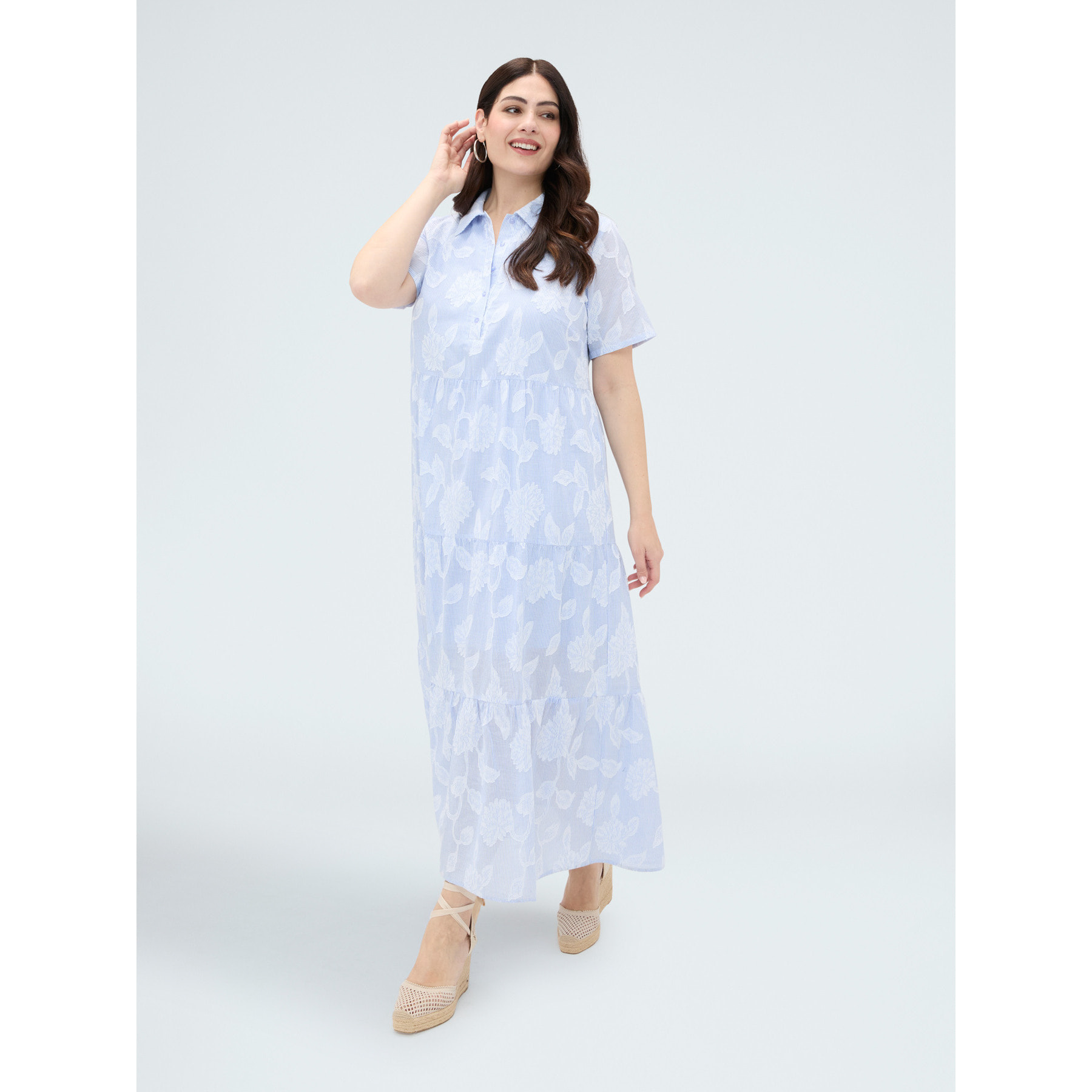 Fiorella Rubino - Vestito lungo chemisier in cotone jacquard - Blu