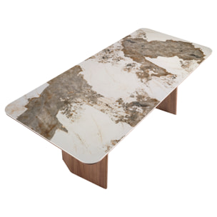 Mesa comedor rectangular con tapa fija de mármol porcelánico blanco con vetas en tonos tierra en acabado brillo 200x90x77cm