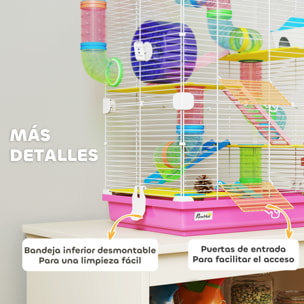 Jaula para Hámster de 5 Niveles, Casa para Roedores Pequeños con Túnel, Plataformas, Cuenco, Bebedero, Casita, Rampas y Rueda de Ejercicio, para Jerbos, 46x30x58cm Rosa