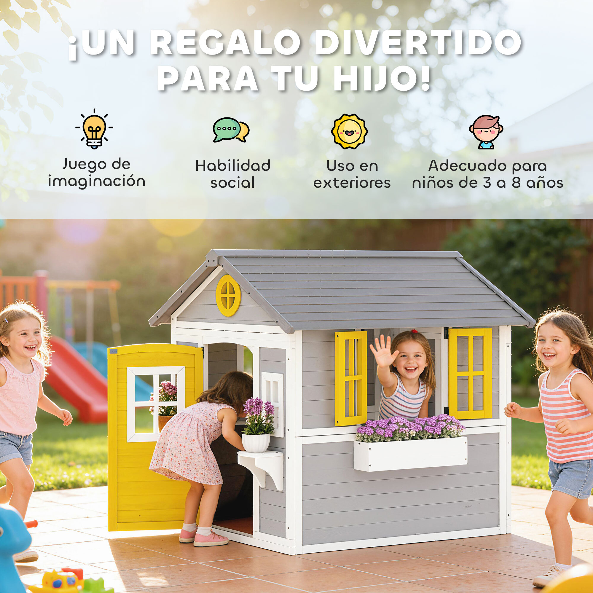 Casita Infantil Exterior e Interior de Madera, Casita Infantil con Puerta, Ventanas, Jardineras y Soportes de Flores, Casa de Jardín para Niños de 3-8 Años, Gris
