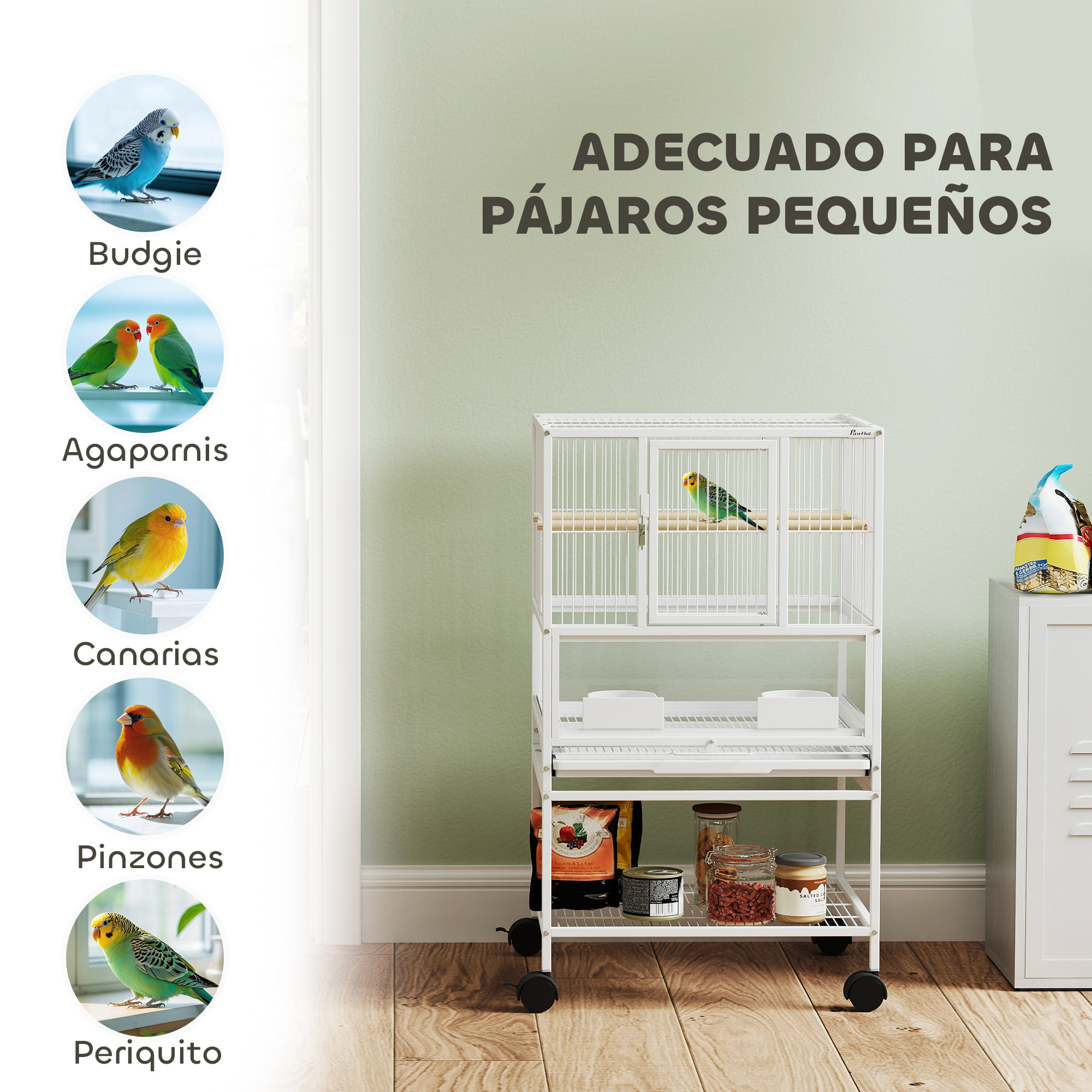 Jaula para Pájaros Jaula Grande con Ruedas Paneles Acrílicos Comederos Perchas Estante Bandejas Extraíbles Pajarera para Loros Canarios 48x46x83 cm Blanco