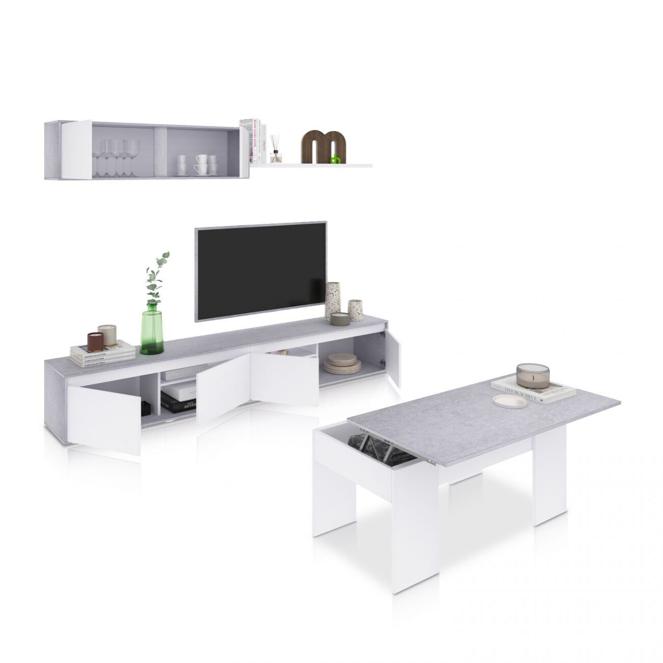 Pack salón con mesa de centro Arlet Plus V2 Blanco Artik (Blanco Mate) - Gris Cemento