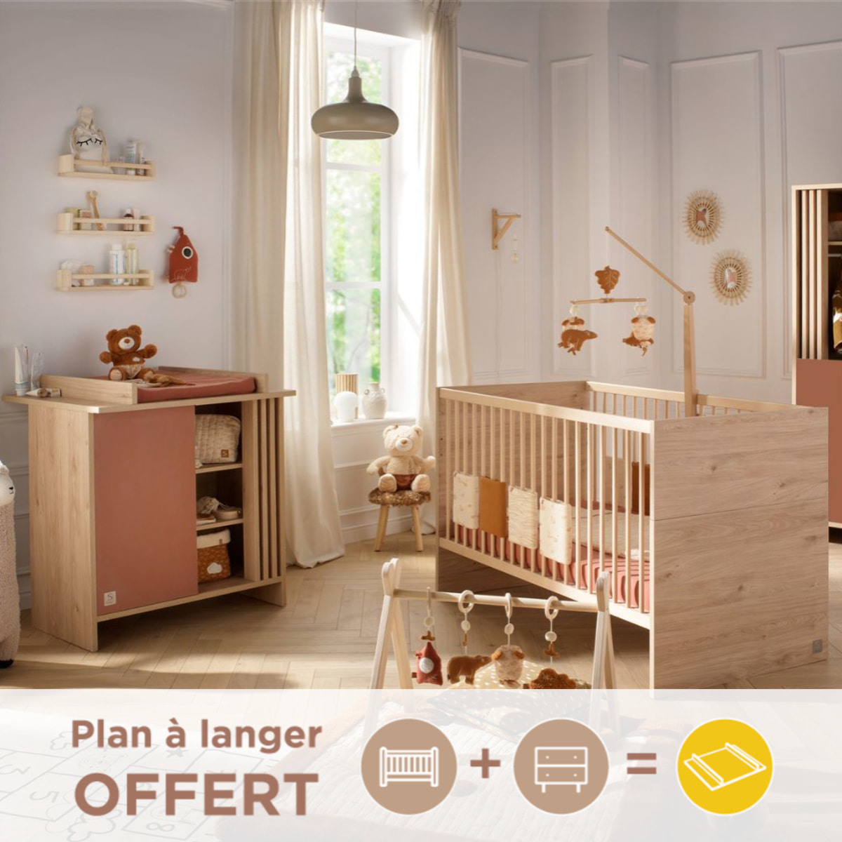 Chambre bébé évolutive Tokyo, Lit 140x70 évolutif et Commode à langer claustra - Chêne suave