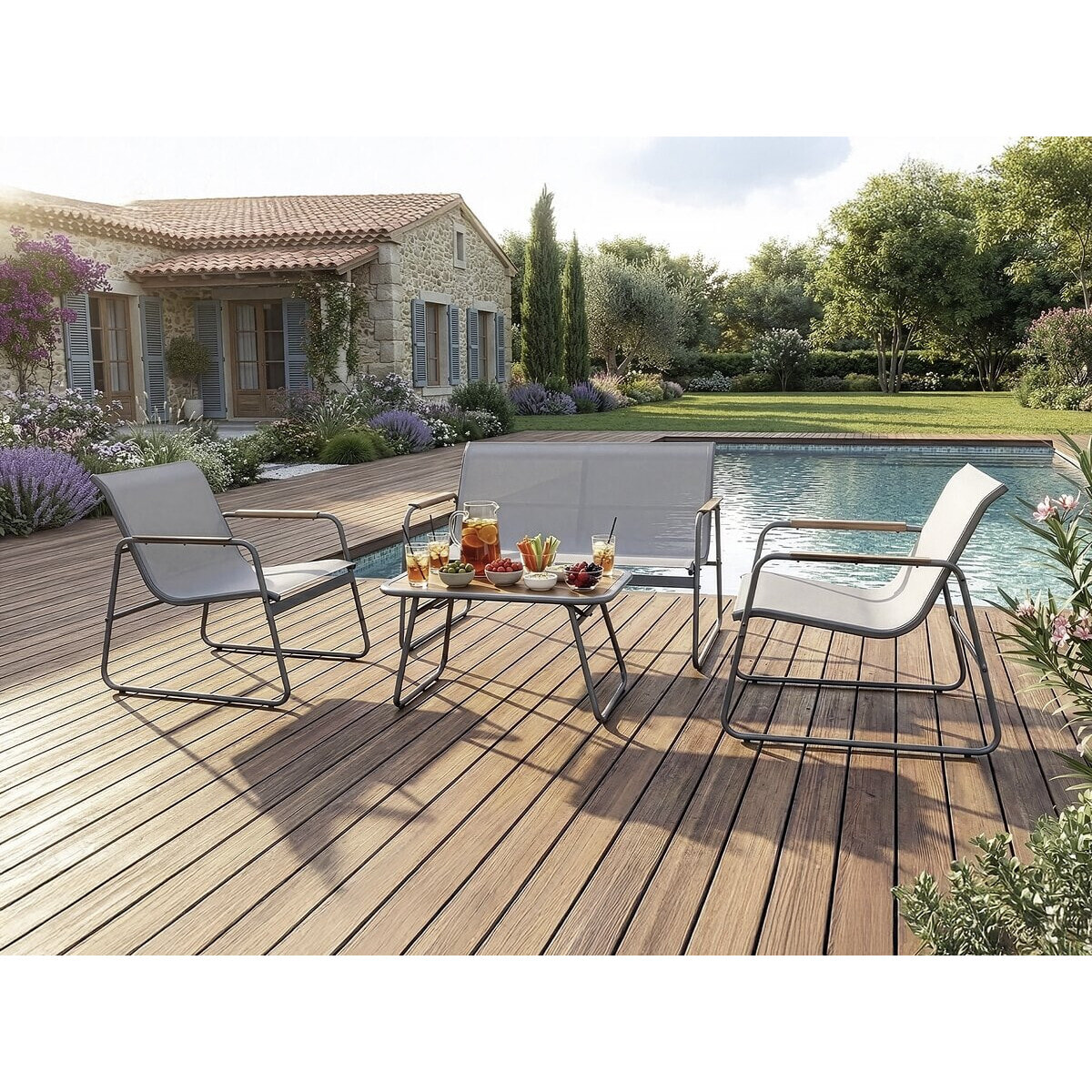 Salon de jardin en métal avec décor imitation bois "Sparta" - 4 places - Gris clair