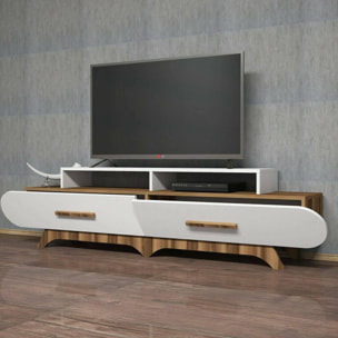 Mobile porta TV Dpereyr, Credenza da soggiorno, Armadio basso per TV, Base parete attrezzata, 205x37h50 cm, Noce e Bianco