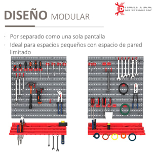 DURHAND Estantería de Pared con Sistema de Almacenamiento 95,5x23x53,5 cm Soporte de Herramientas con 54 Piezas 50 Ganchos para Taller Garajes Rojo y Gris