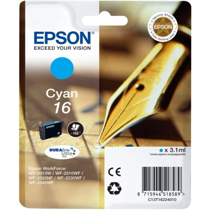 Cartouche d'encre EPSON Originale T1622 Cyan Série Stylo Plume - C13T16224010
