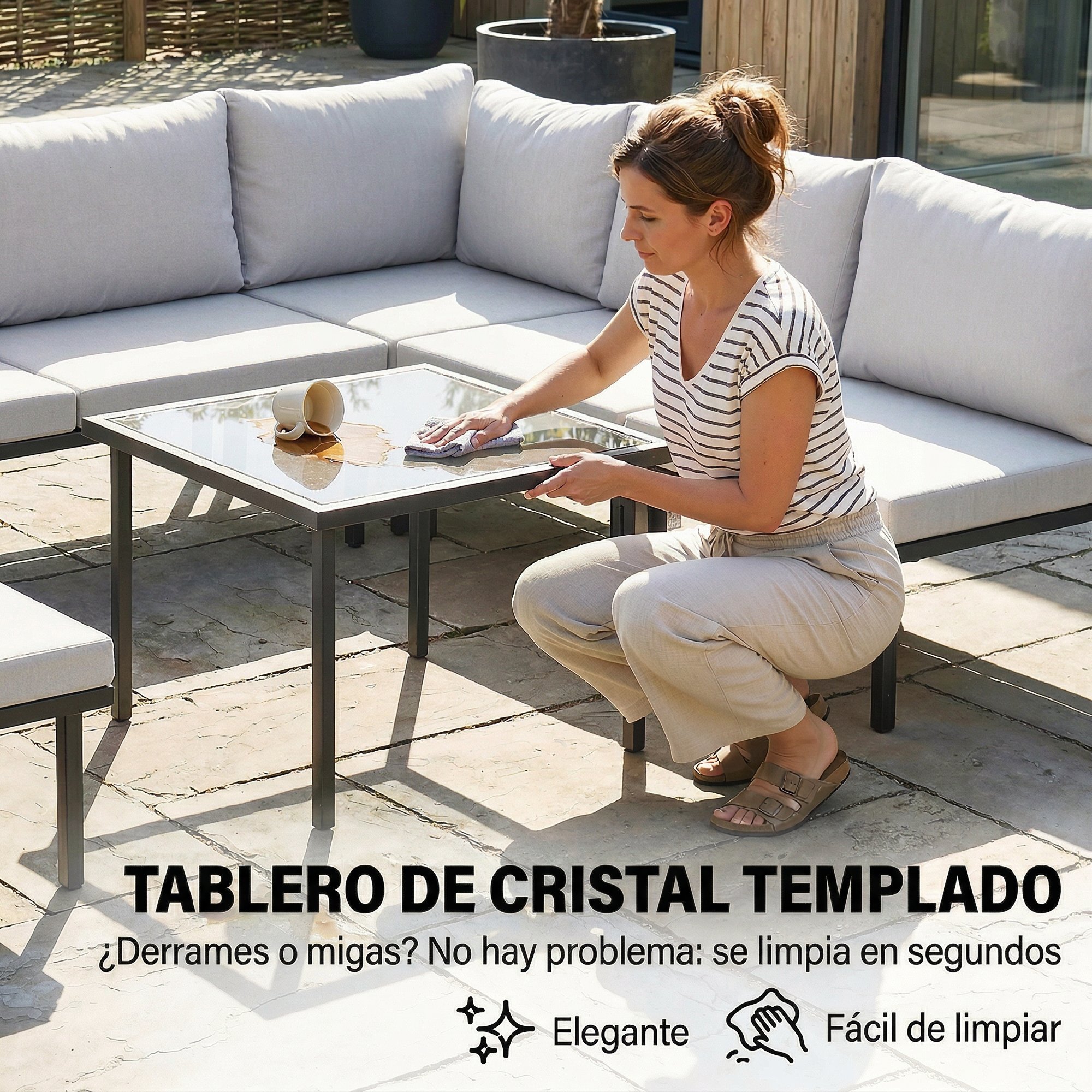 Conjunto de Muebles Jardín Exterior de 6 Piezas Sofá Exterior Seccional Forma de L con Sofá de 2 Plazas Módulo de Esquina 2 Sillones Reposapiés Mesa con Tapa de Vidrio y Cojines Gris Claro