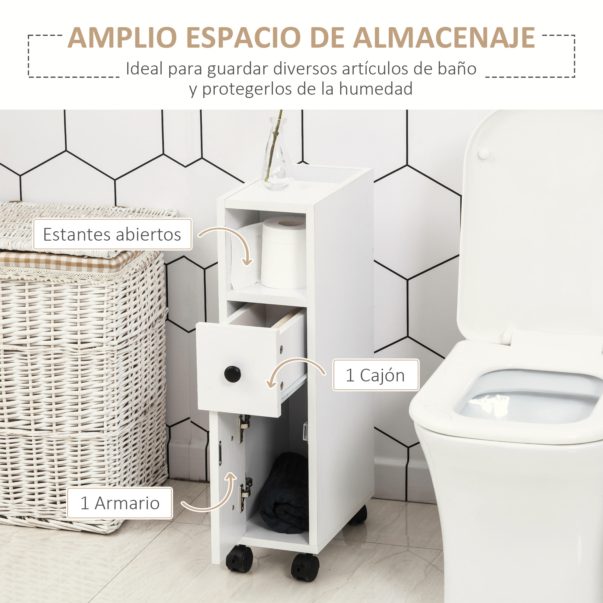 kleankin Armario de Baño Mueble Auxiliar para Baño Espacio Reducido con Ruedas Estantes Abiertos Armario Cajón 18x30x68,5 cm Blanco