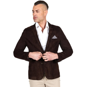 Blazer in pelle scamosciata color marrone con taschino e fazzoletto