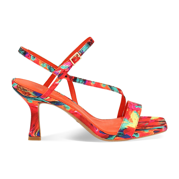 Sandalo donna multicolor-arancio in raso, tacco 7,5 cm