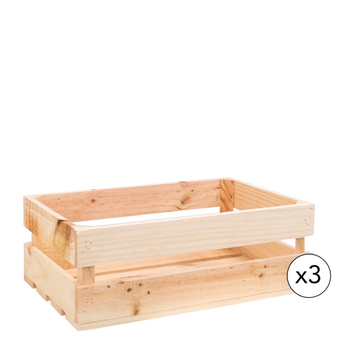 Pack de 3 cajas de madera maciza en tono natural medianas Alto: 17.5 Largo: 49 Ancho: 29.5