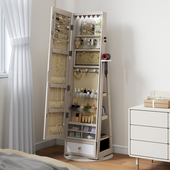Espejo Joyero con Luces LED, Armario para Joyas, Armario Joyero con Espejo Entero, Giratorio de 360°, Cajón, Cerradura, Estantes Abiertos, Soporte para Secador, Natural