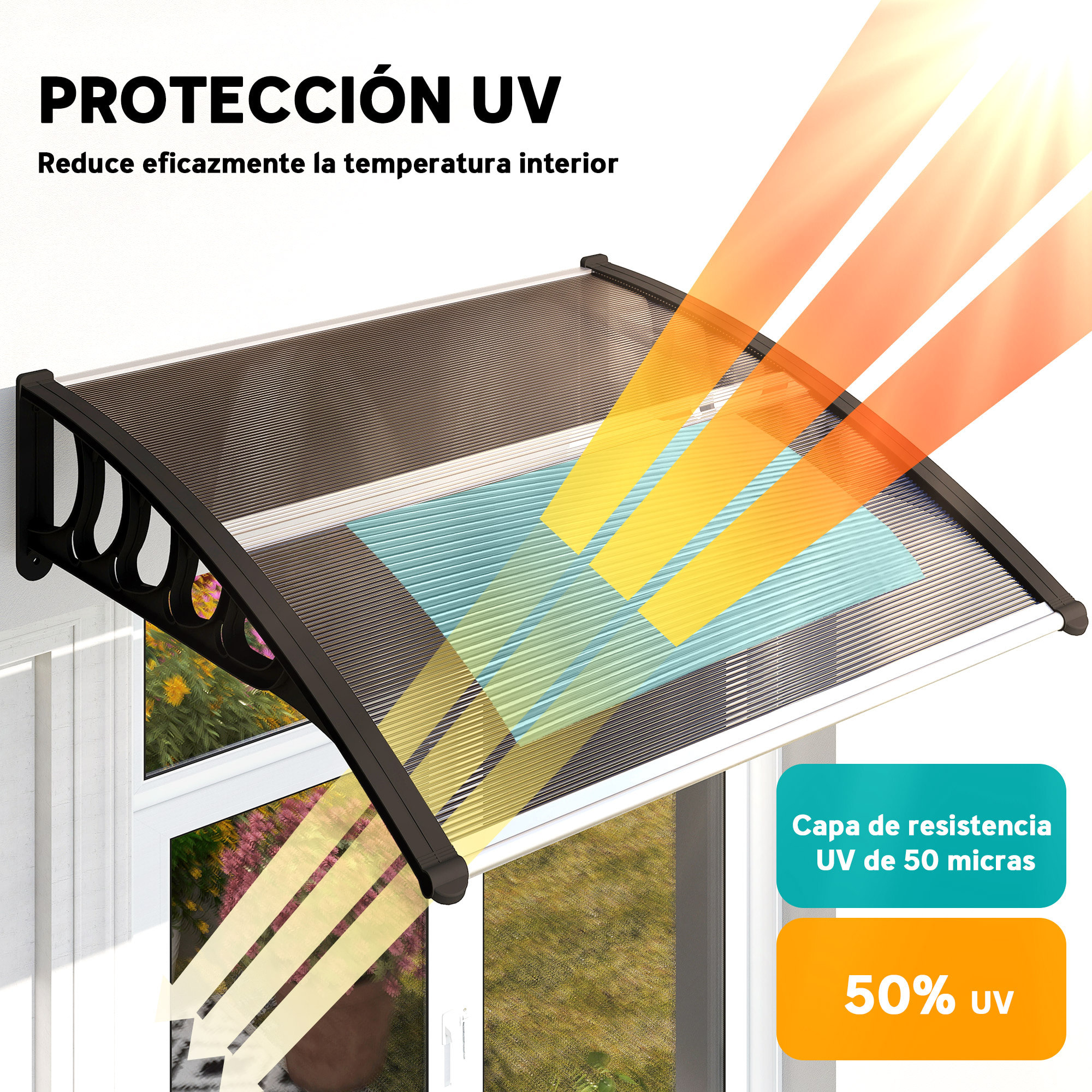 Marquesinas Exterior para Puertas y Ventanas, 103x96,5 cm, Tejadillo de Protección contra Sol y Lluvia, con Cubierta de Policarbonato, Soportes de PP y Regleta de Aluminio, Marrón