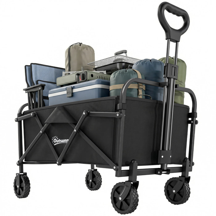 Carro Playa con Ruedas, Carro de Jardín Plegable con Mango Ajustable, Marco de Metal, Carga 68 kg, Carrito Transporte para Todo Terreno, Jardín, Campaña, Compra, Negro
