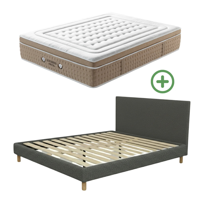 Ensemble matelas Bali & lit fixe Colisée | Mémoire de forme et ressorts ensachés | cadre à lattes | Bouclette | Gris clair