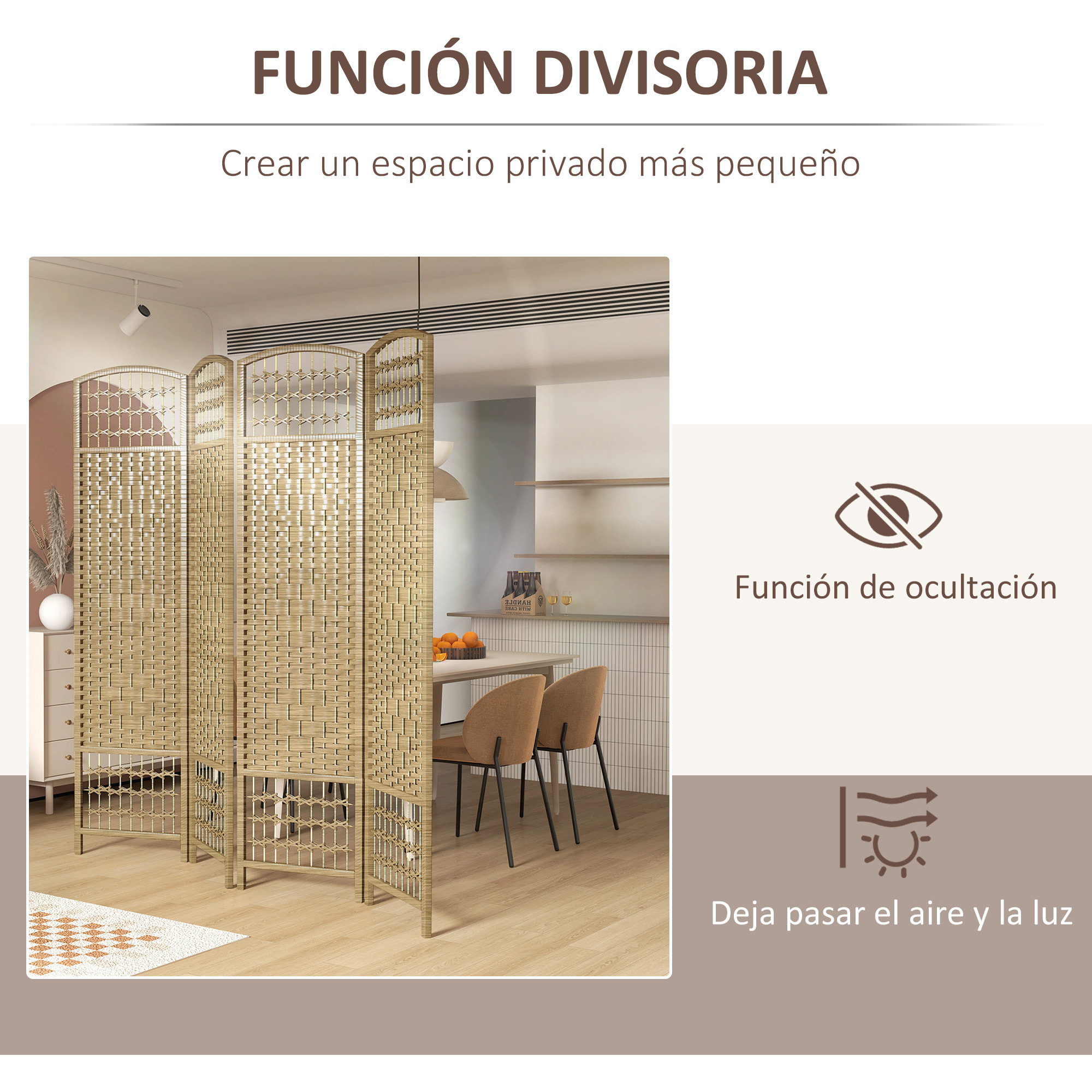 Biombo Separador de Ambientes de 4 Paneles 160x170 cm Divisor de Habitación Plegable de Cuerda de Papel y Marco de Madera Decoración para Dormitorio Salón Natural