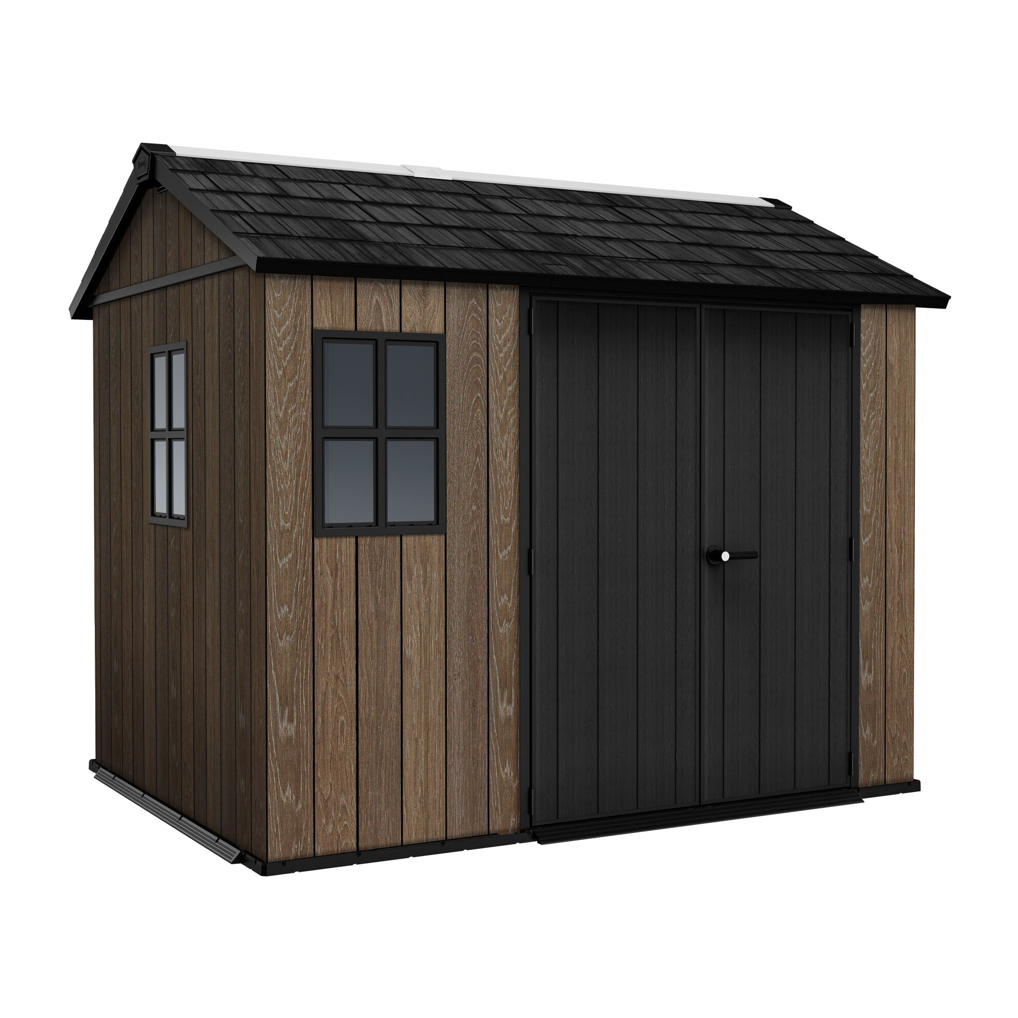 Apex 759/975- Casetta da Giardino 287x246x230 cm 2 Ante per deposito attrezzi finitura effetto legno Evotech+ in Resina Marrone e Nero