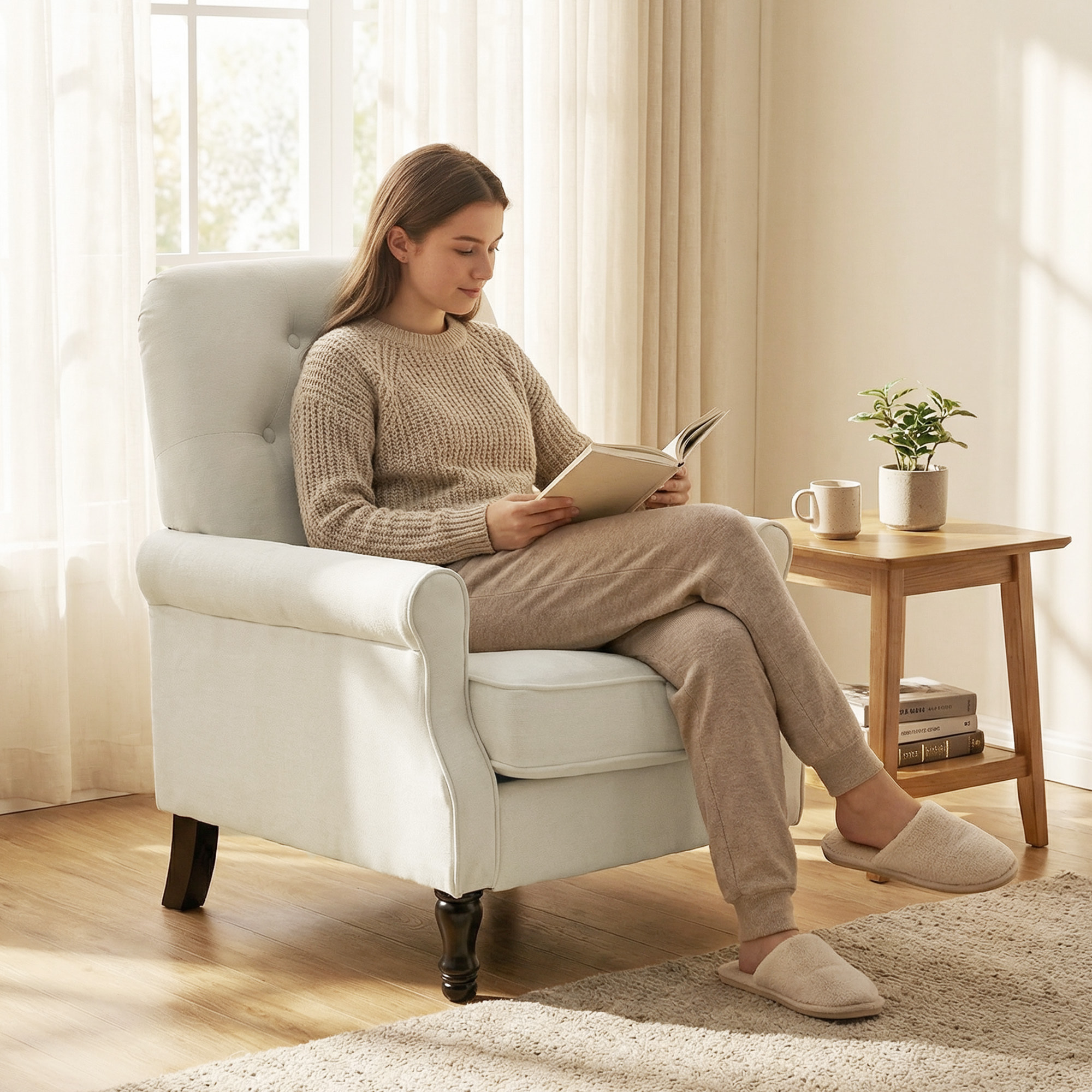 Sillón Relax, Sofá Individual, Tapizado en Lino, Asiento Acolchado Grueso, Respaldo Capitoné, Patas de Madera Maciza, Butaca para Salón, Dormitorio y Oficina, Crema