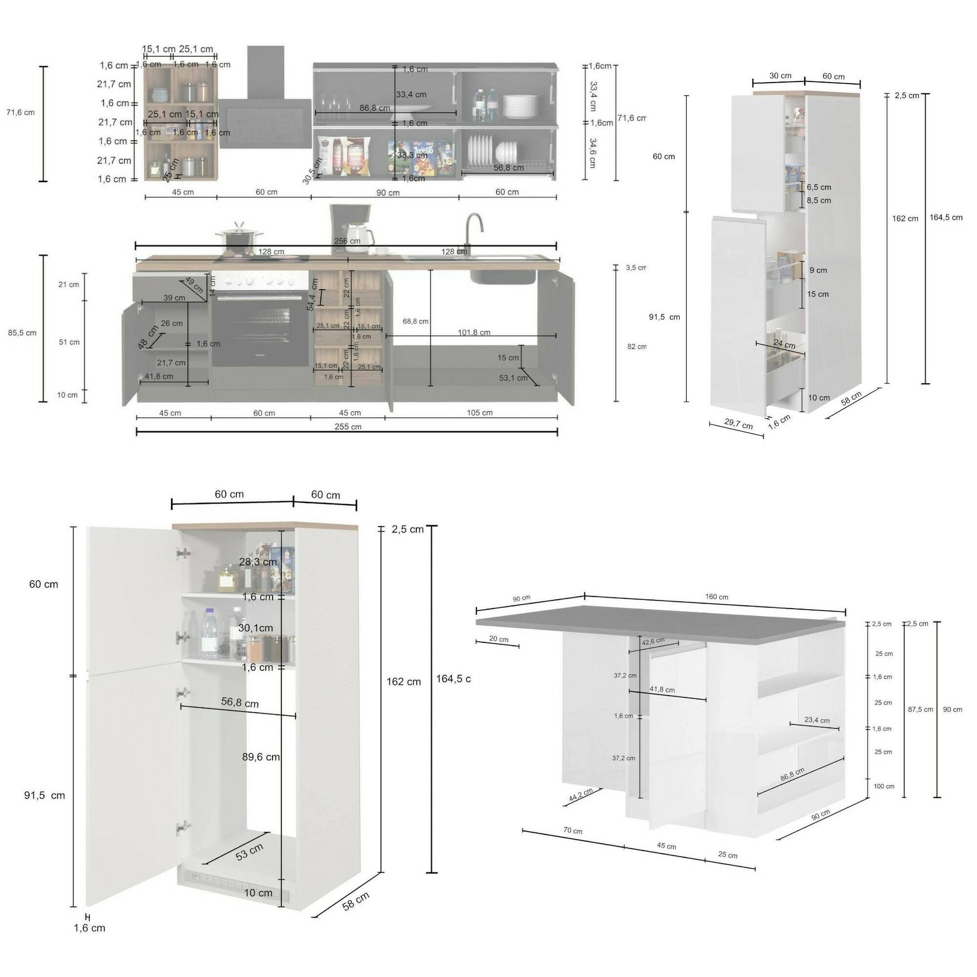 Cucina completa Daquilant, Set da cucina modulabile, Cucina componibile con più elementi, 100% Made in Italy, Bianco lucido e Rovere