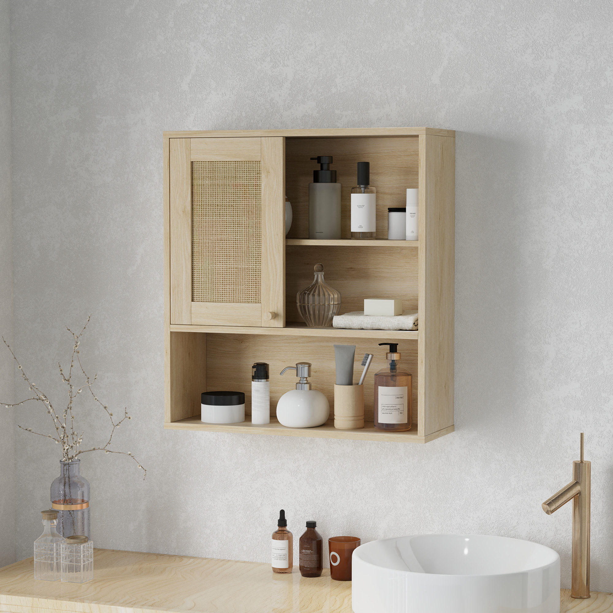 Armoire murale de salle de bain style cosy chic - porte coulissante rotin, étagère, niche - effet bois clair