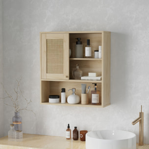 Armoire murale de salle de bain style cosy chic - porte coulissante rotin, étagère, niche - effet bois clair