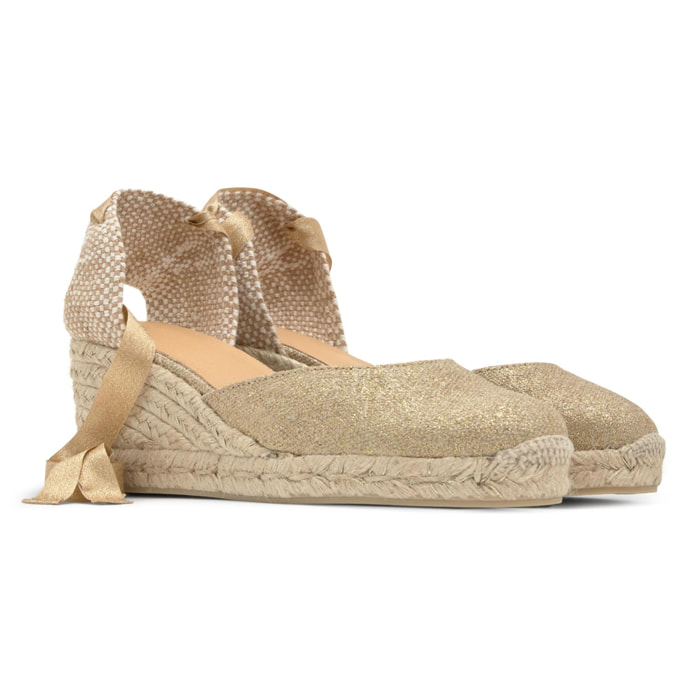 Alpargata de cuña Carina en lino metalizado con cierre de cintas